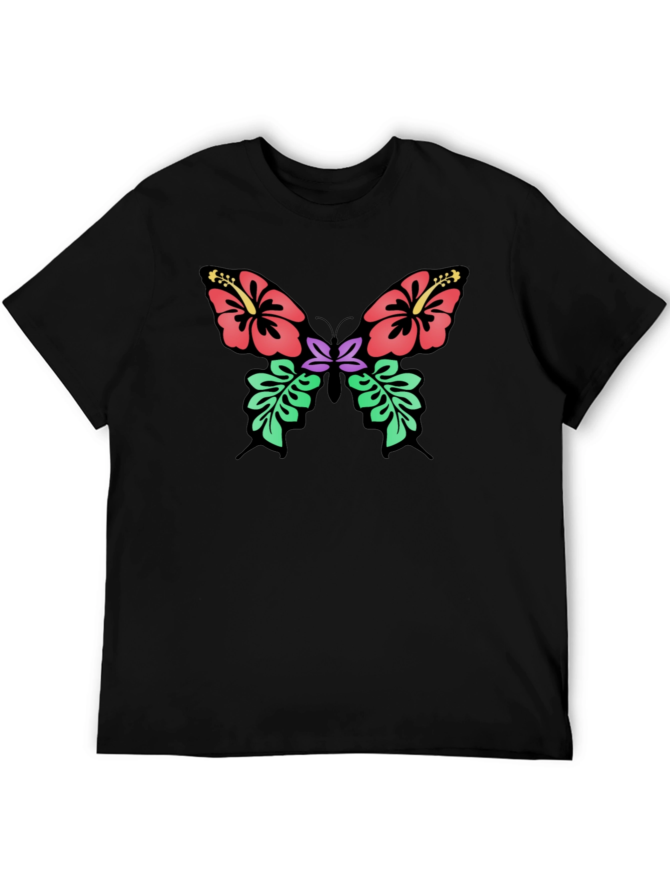 Camiseta Negra con Diseño de Mariposa Floral Hawaiana