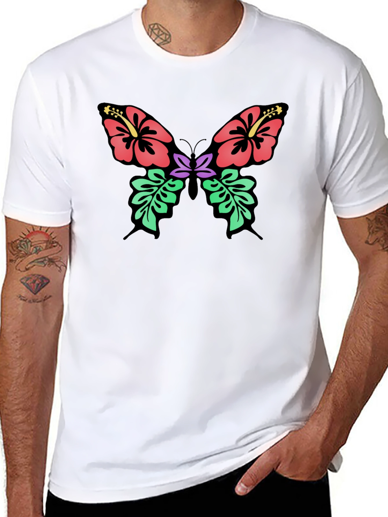 Camiseta Negra con Diseño de Mariposa Floral Hawaiana