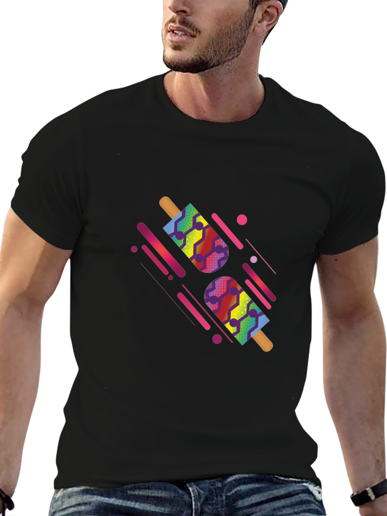 Camiseta Negra con Diseño de Paletas Abstractas