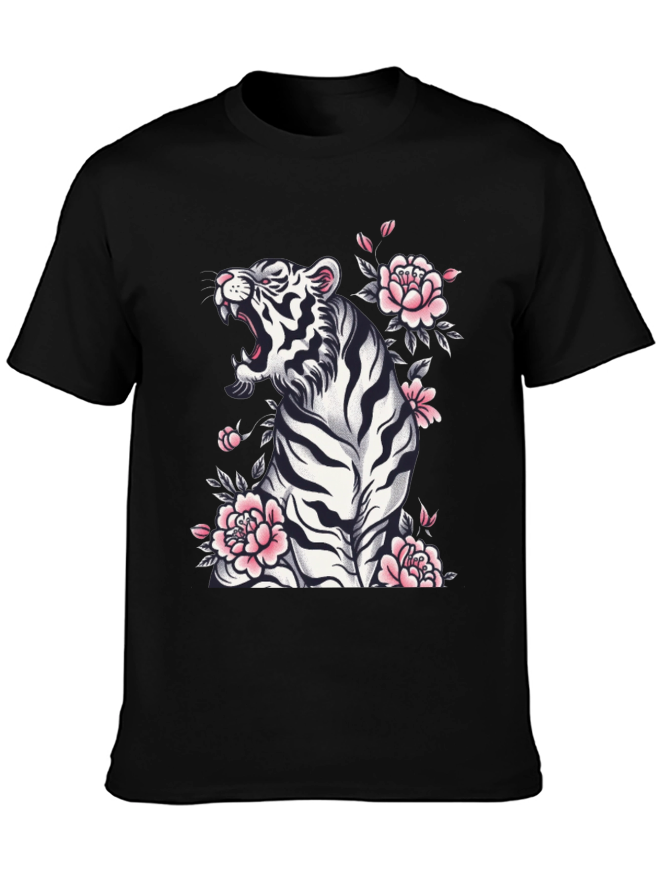 Camiseta Negra Tigre Floral Estilo Japonés