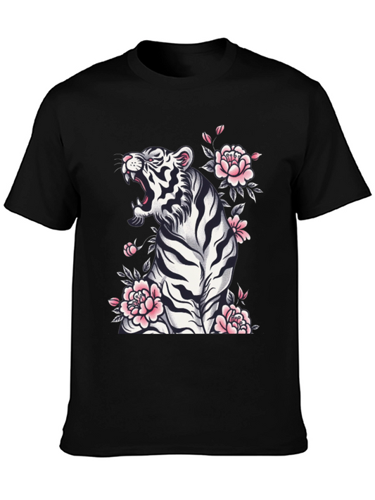 Camiseta Negra Tigre Floral Estilo Japonés