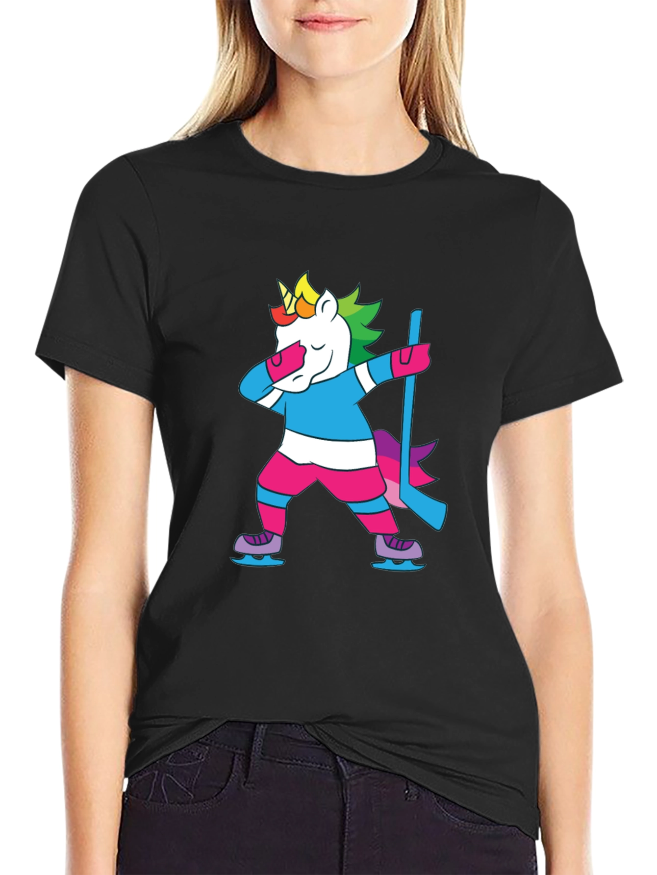 Camiseta Negra Unicornio Jugador Hockey