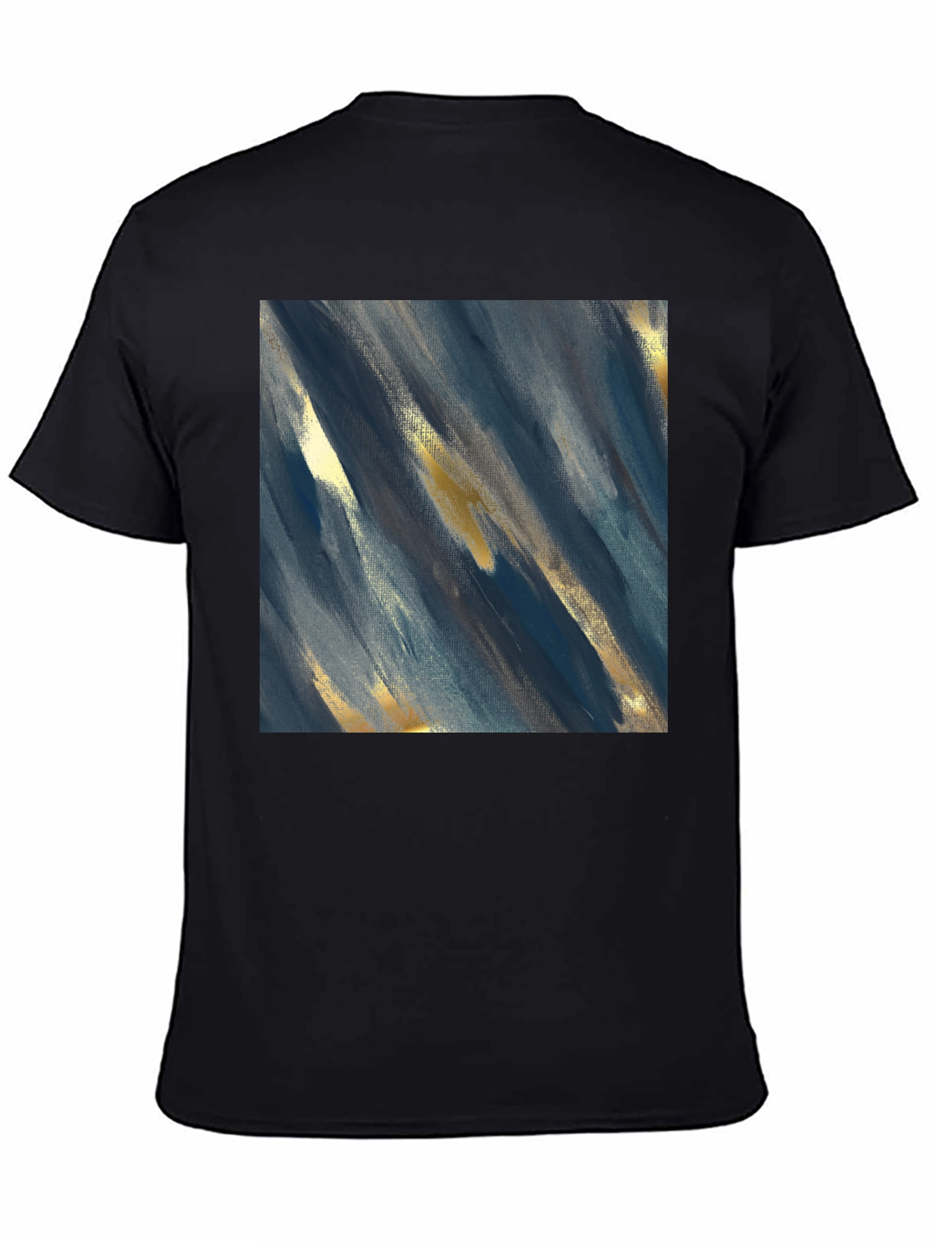 Camiseta Negra con Diseño Abstracto Azul y Dorado