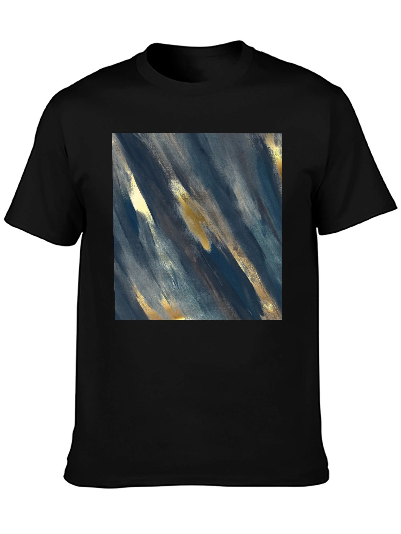 Camiseta Negra con Diseño Abstracto Azul y Dorado