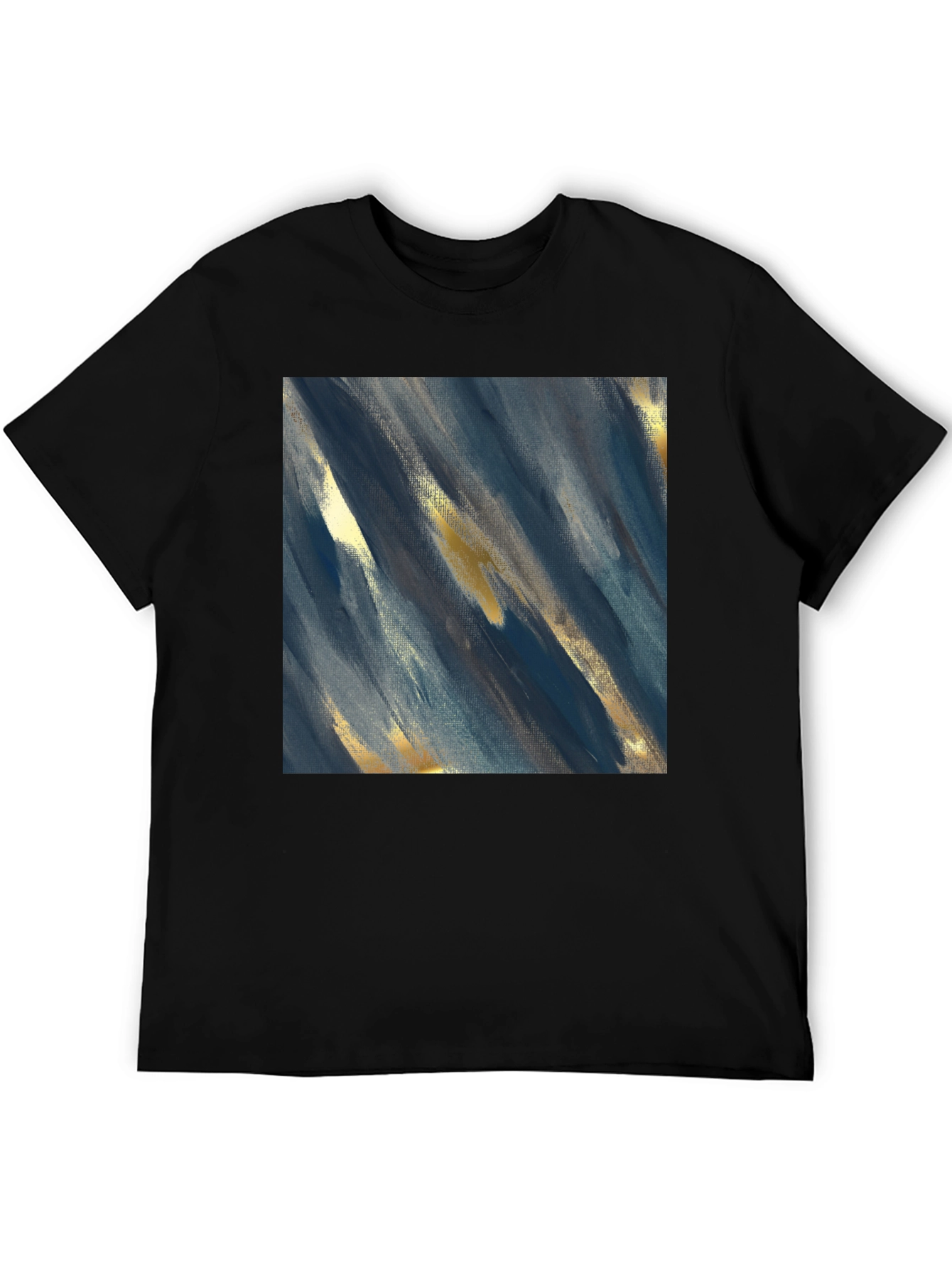 Camiseta Negra con Diseño Abstracto Azul y Dorado