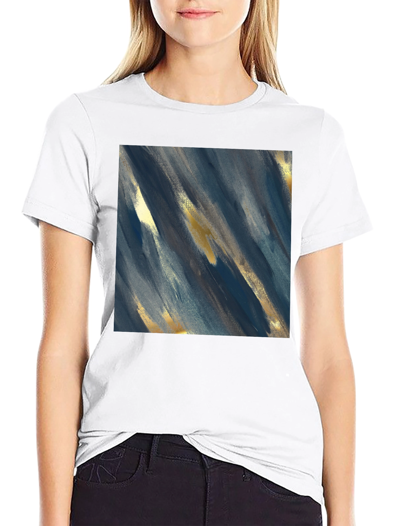 Camiseta Negra con Diseño Abstracto Azul y Dorado