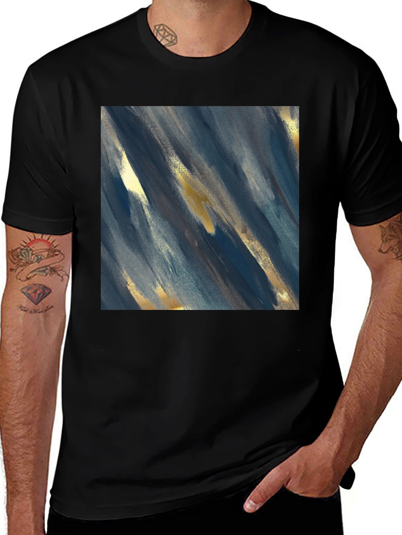 Camiseta Negra con Diseño Abstracto Azul y Dorado