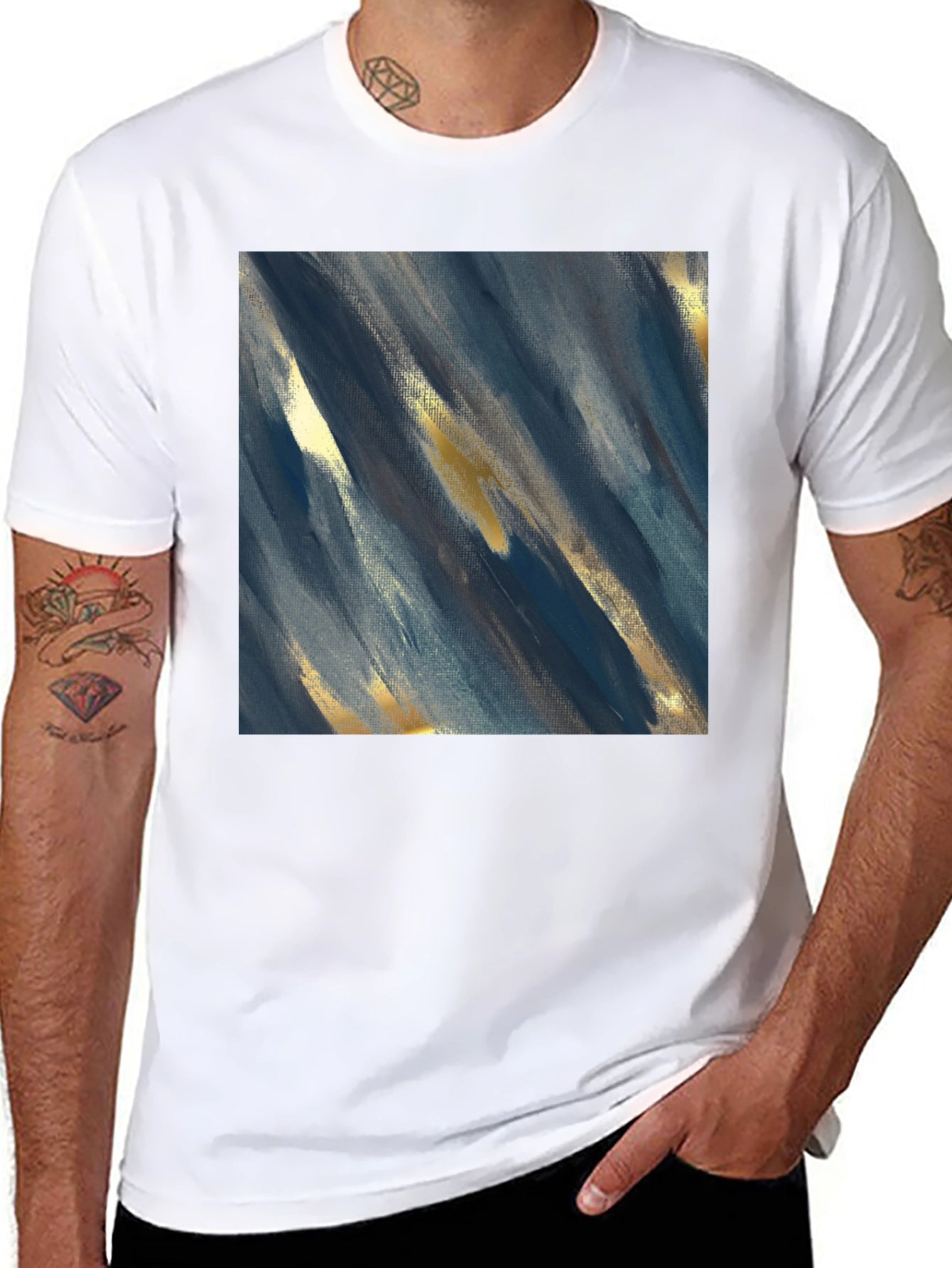 Camiseta Negra con Diseño Abstracto Azul y Dorado
