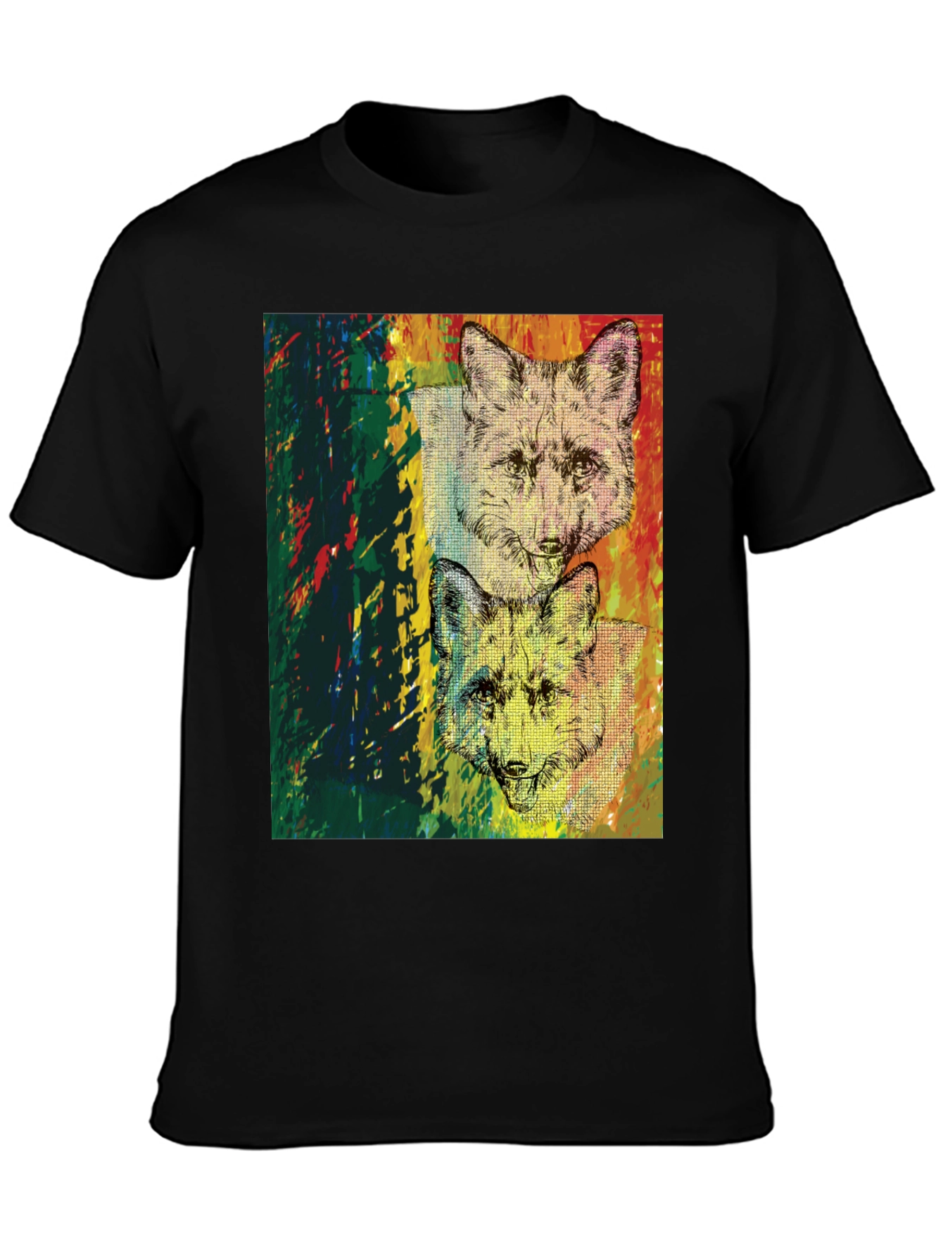 Camiseta Negra con Diseño de Zorros Abstractos