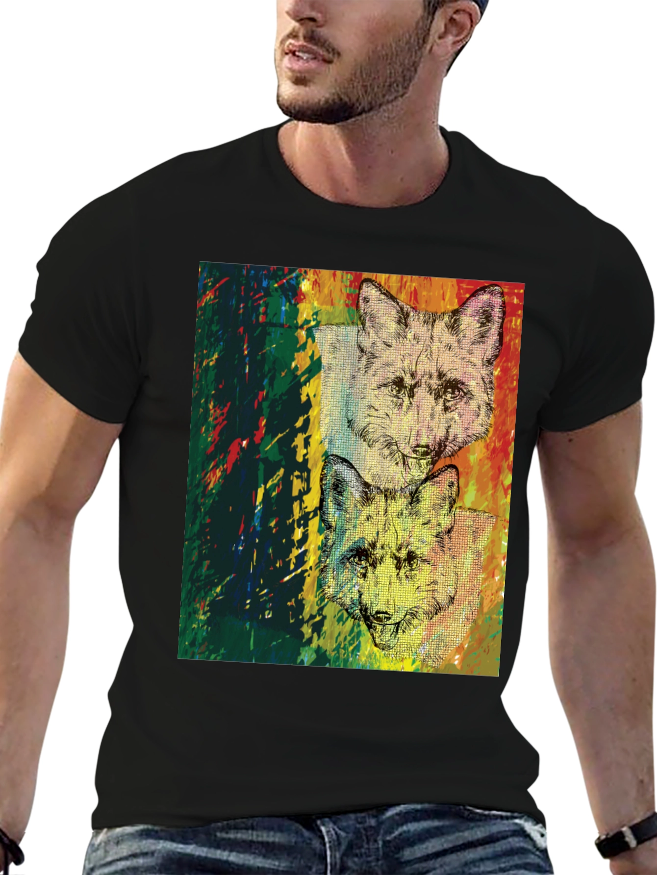 Camiseta Negra con Diseño de Zorros Abstractos
