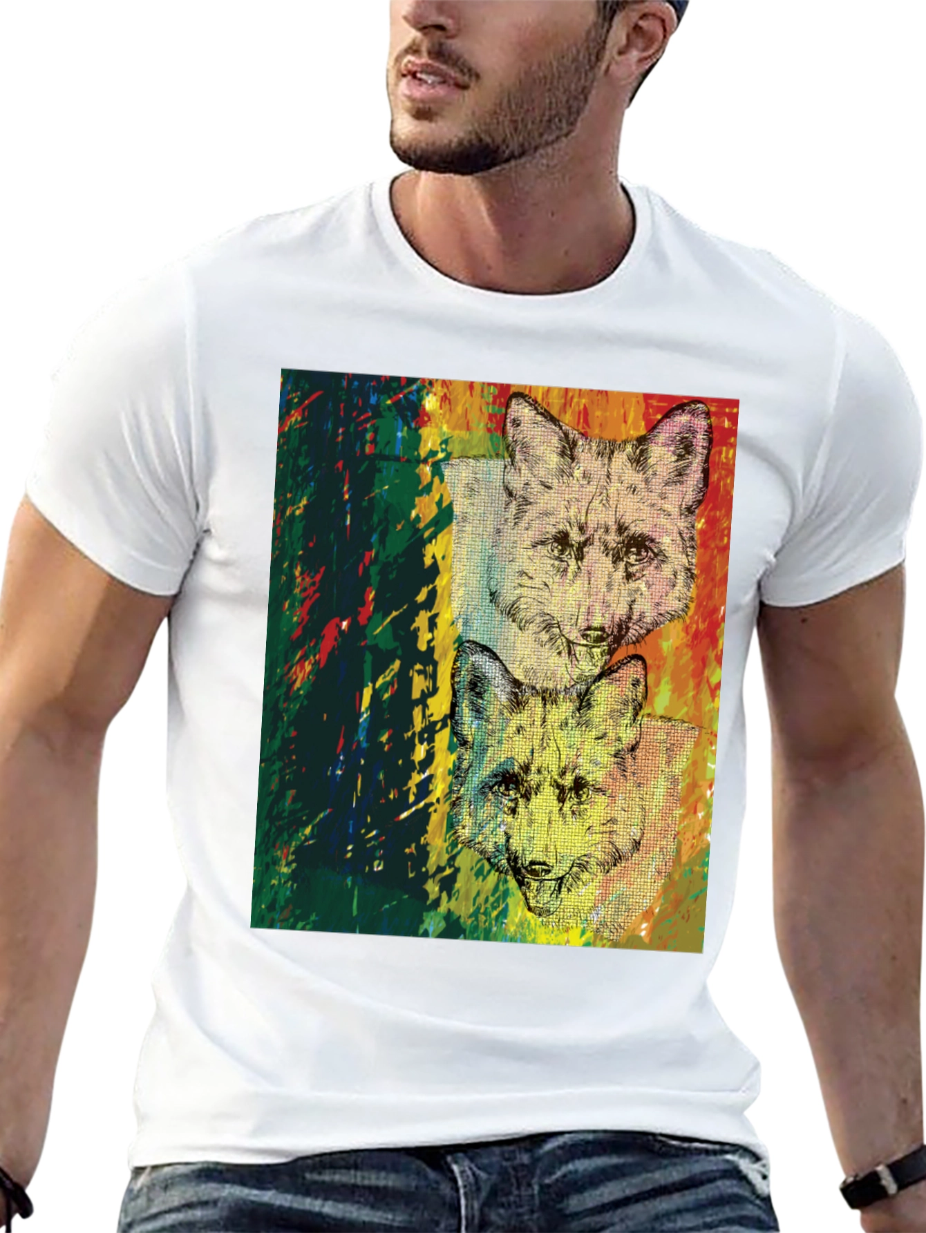 Camiseta Negra con Diseño de Zorros Abstractos