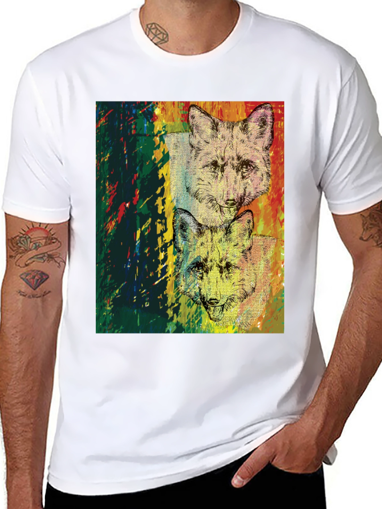 Camiseta Negra con Diseño de Zorros Abstractos