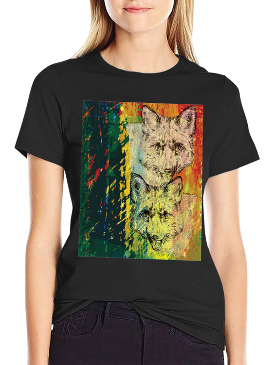 Camiseta Negra con Diseño de Zorros Abstractos