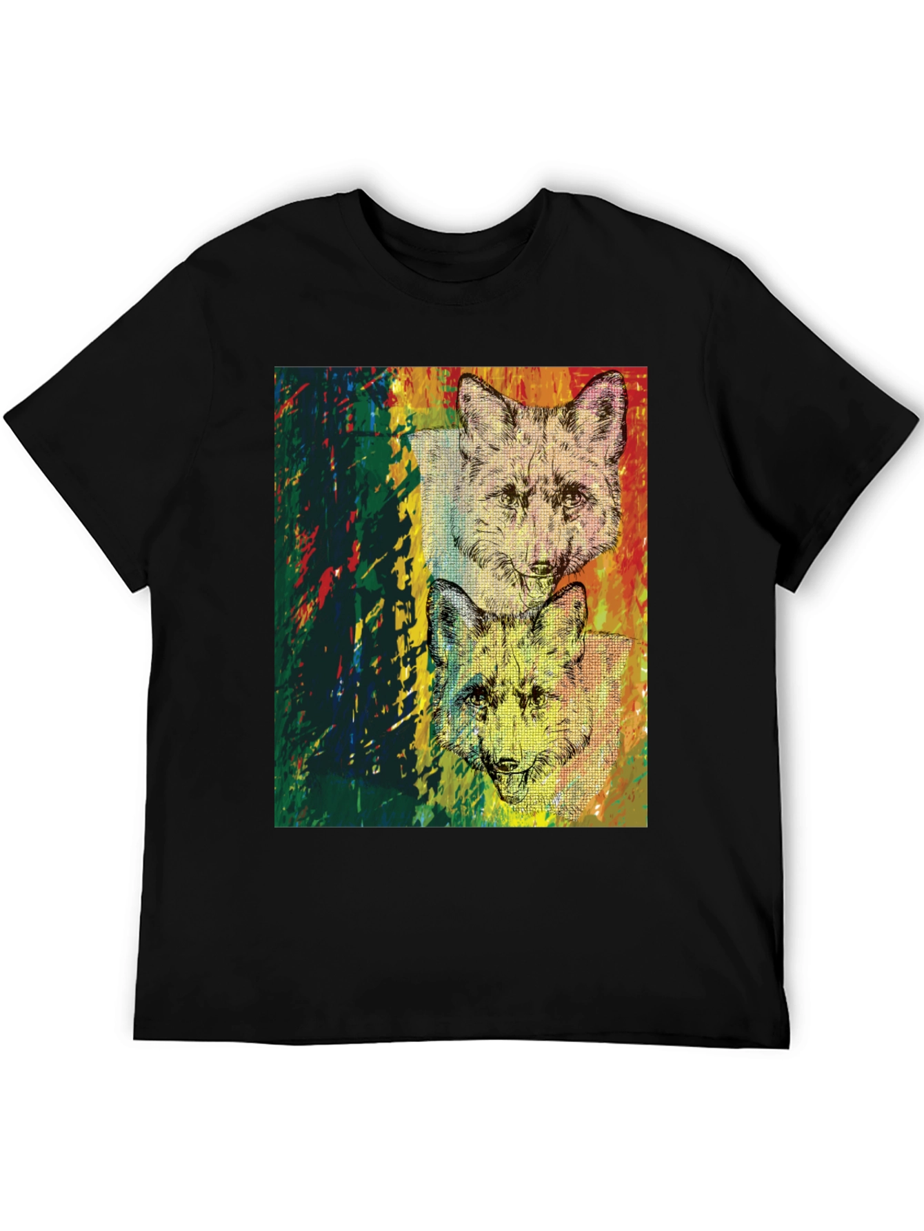 Camiseta Negra con Diseño de Zorros Abstractos