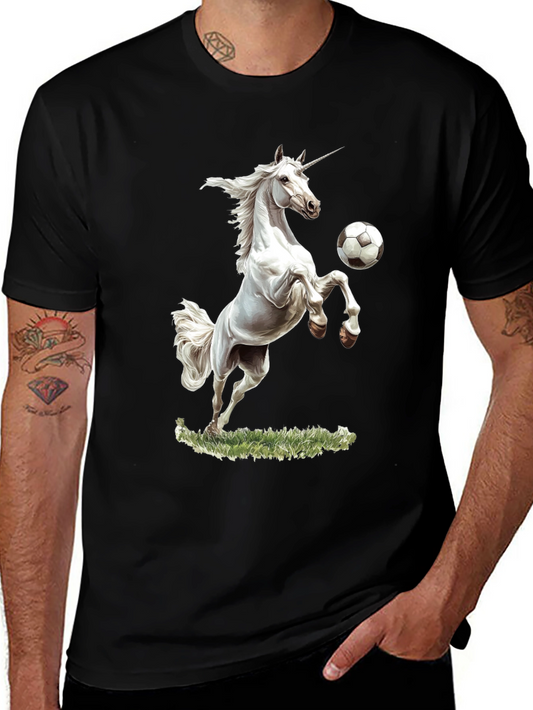 Camiseta Negra con Unicornio Jugando al Fútbol