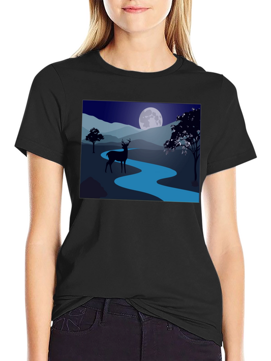 Camiseta Negra con Diseño de Ciervo a la Luz de la Luna