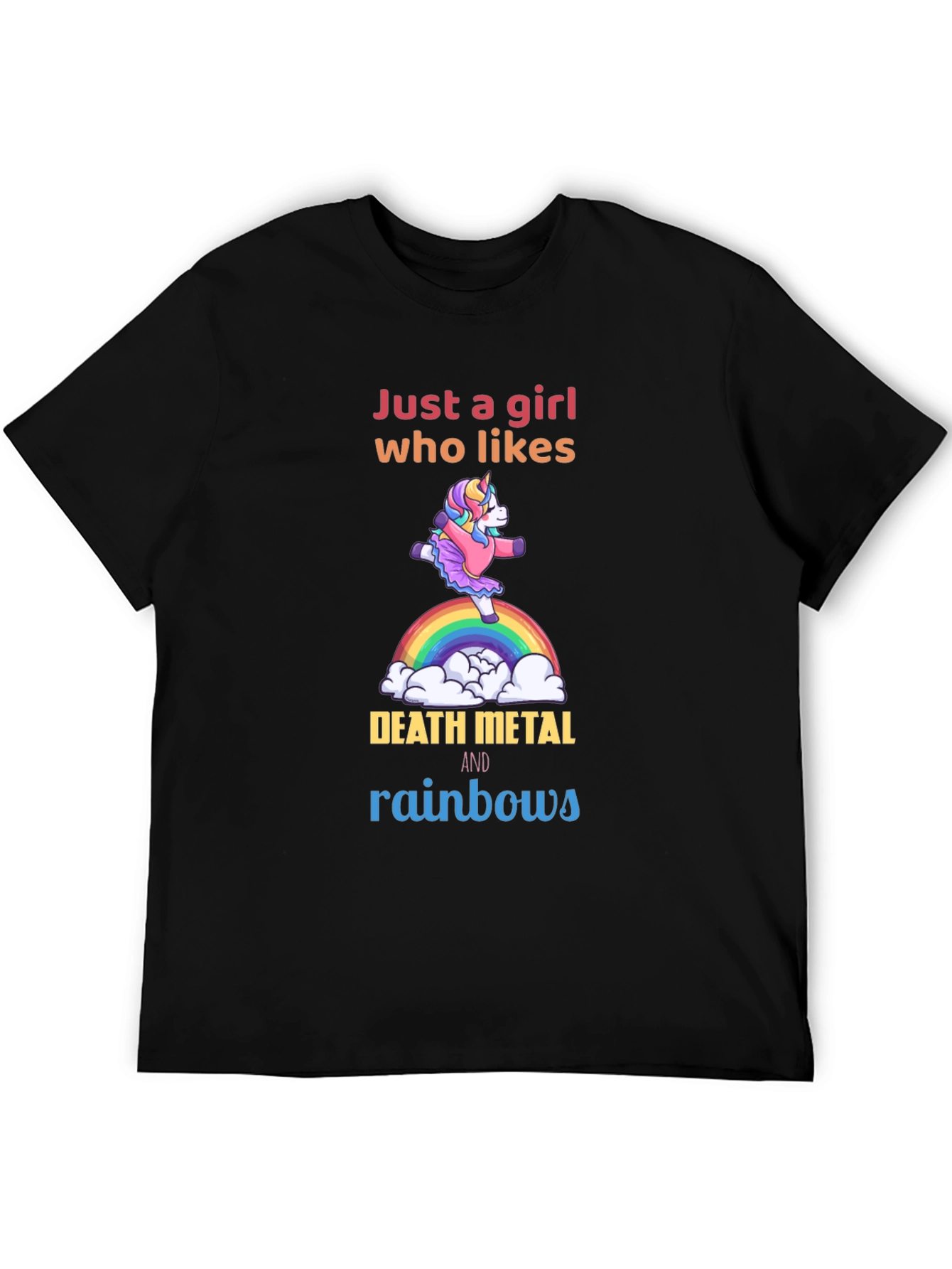Camiseta Negra Unicornio Metalero Arcoíris