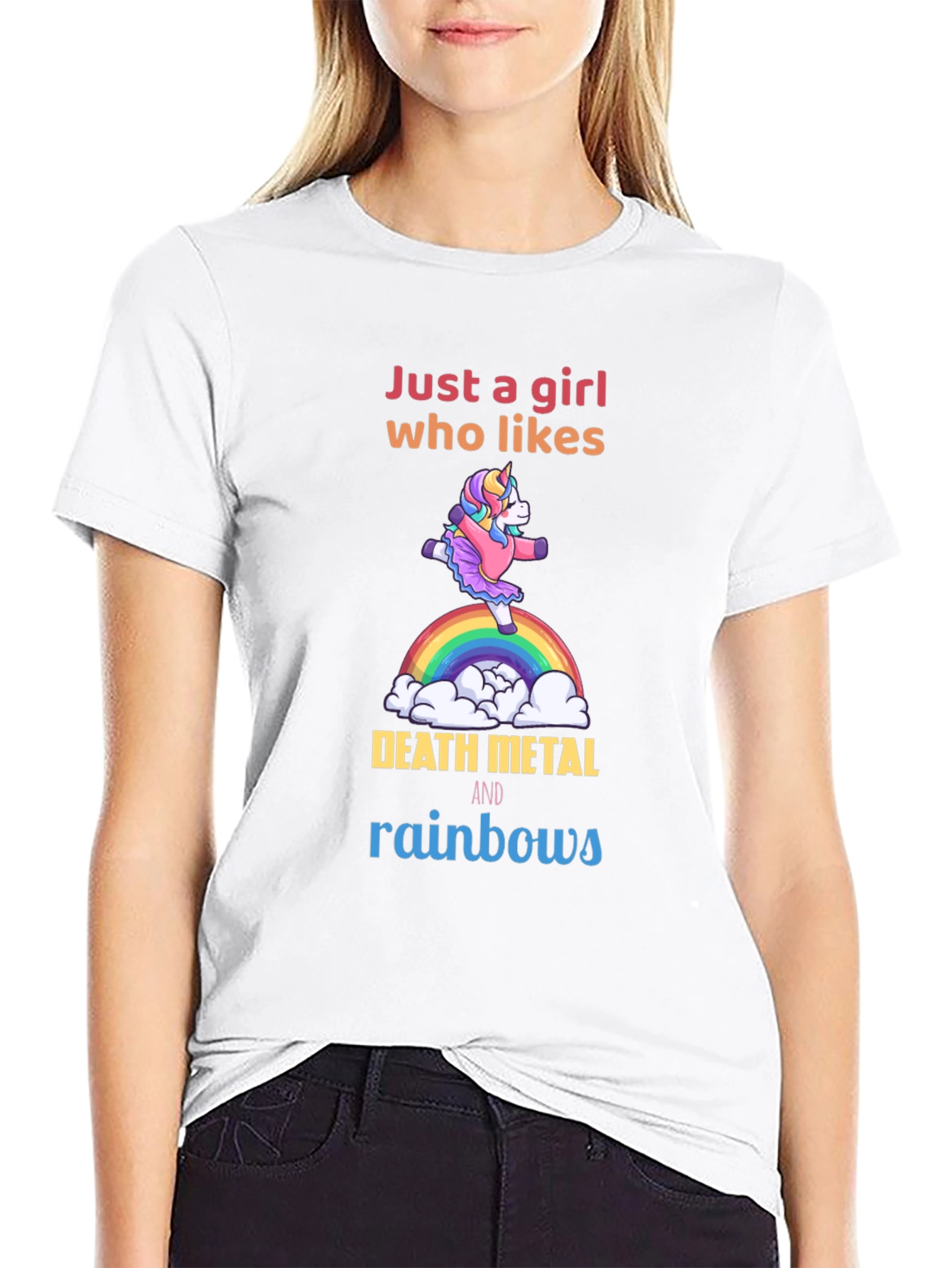 Camiseta Negra Unicornio Metalero Arcoíris