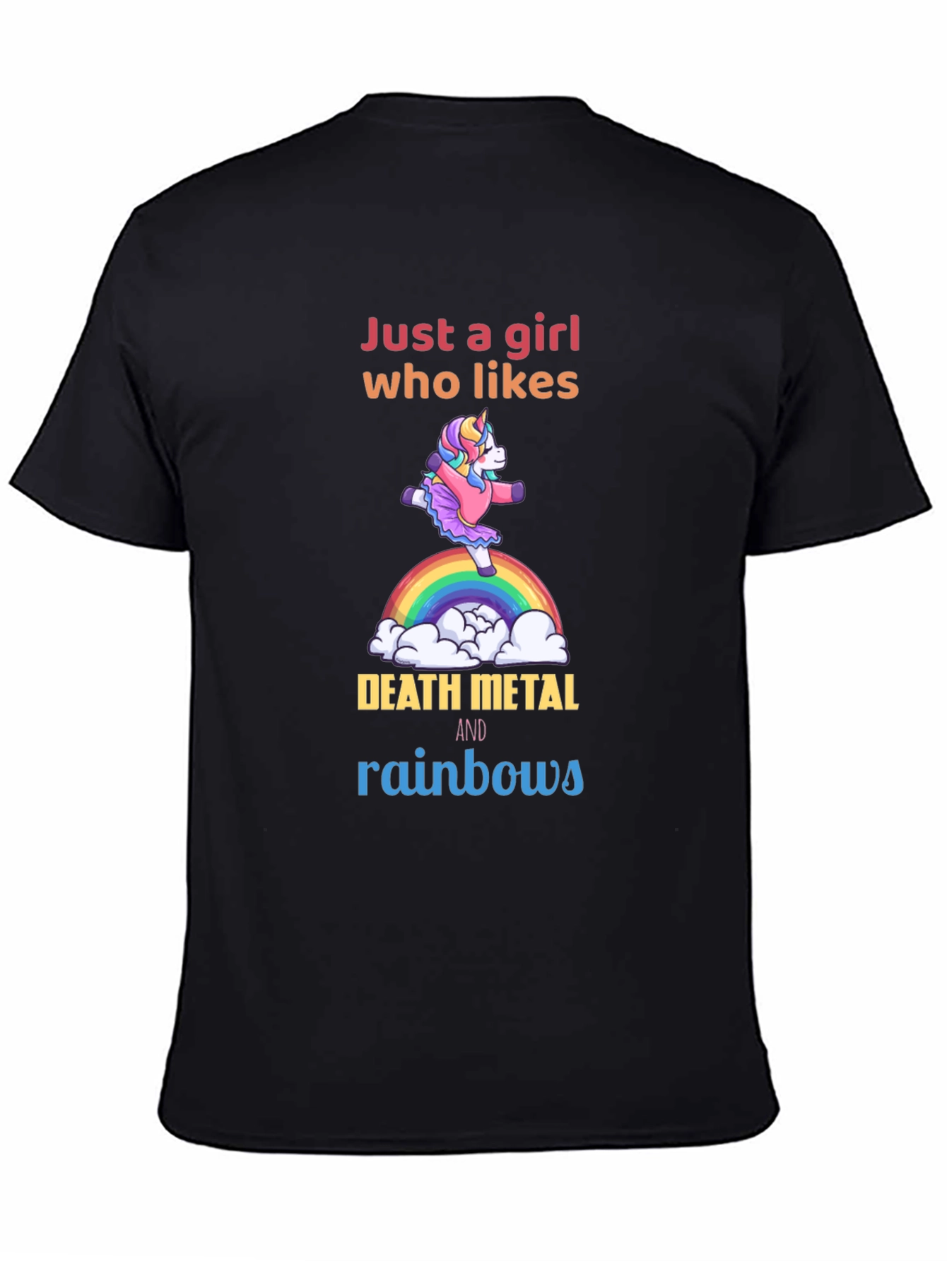 Camiseta Negra Unicornio Metalero Arcoíris