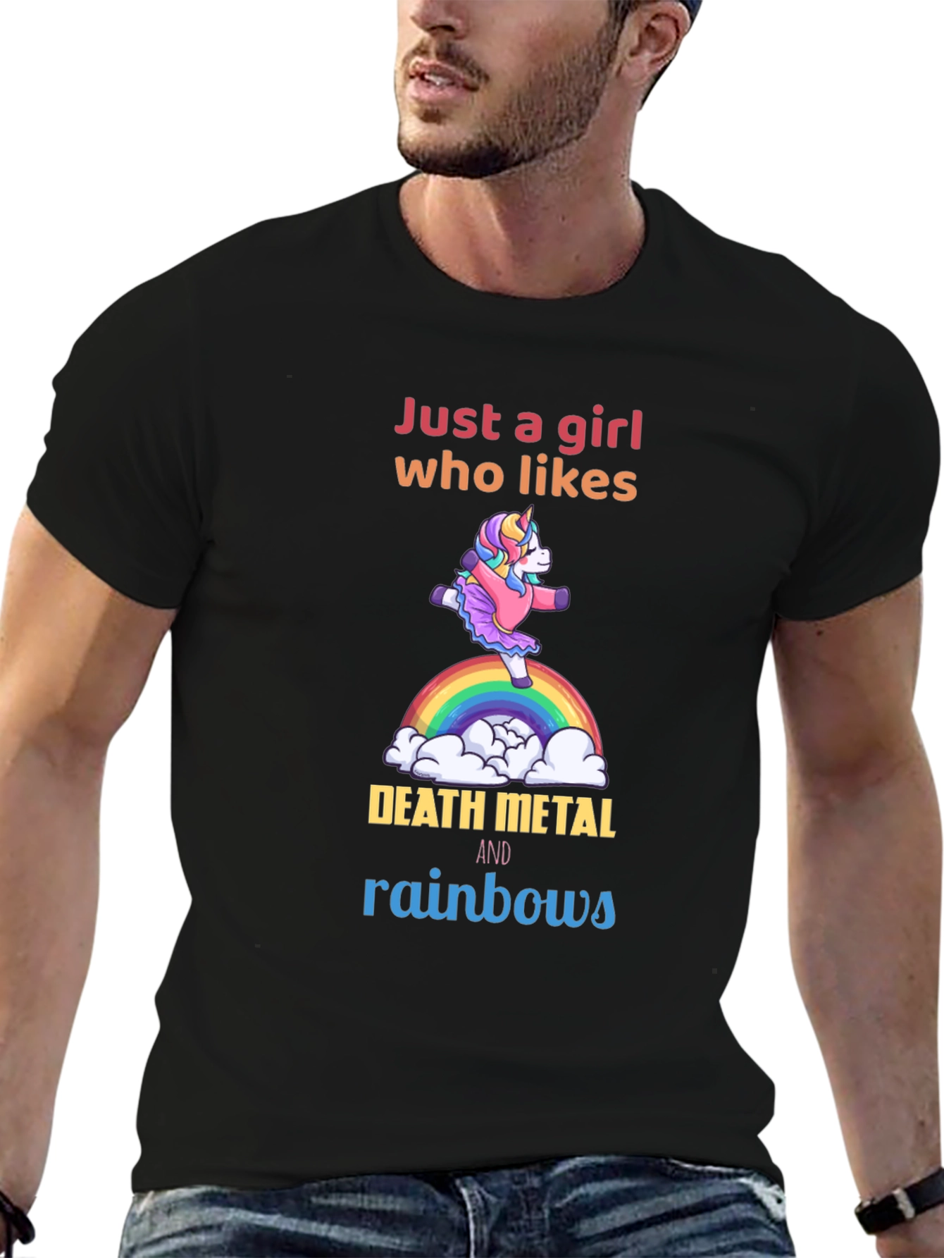 Camiseta Negra Unicornio Metalero Arcoíris