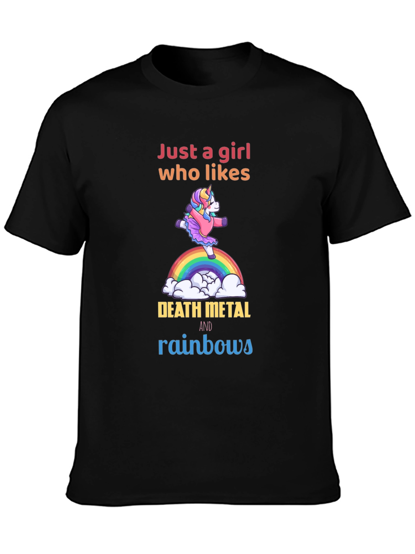 Camiseta Negra Unicornio Metalero Arcoíris