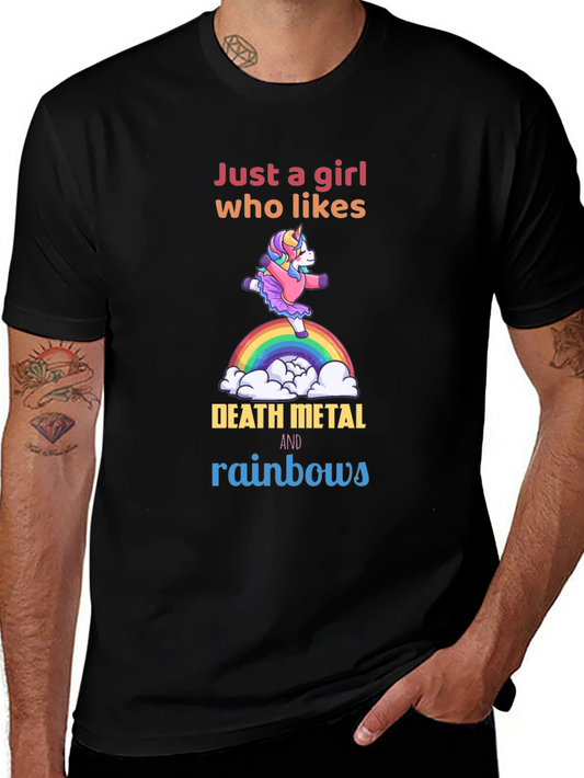 Camiseta Negra Unicornio Metalero Arcoíris