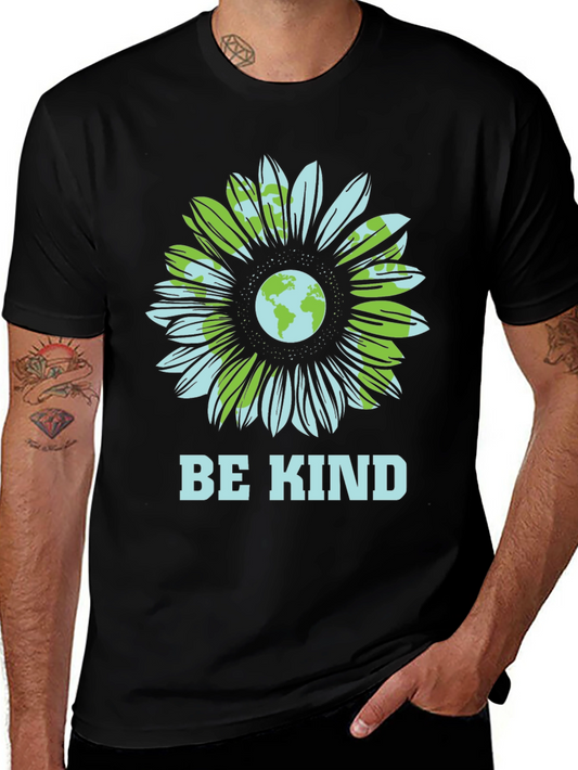 Camiseta Negra Sé Amable con Diseño de Girasol y Planeta