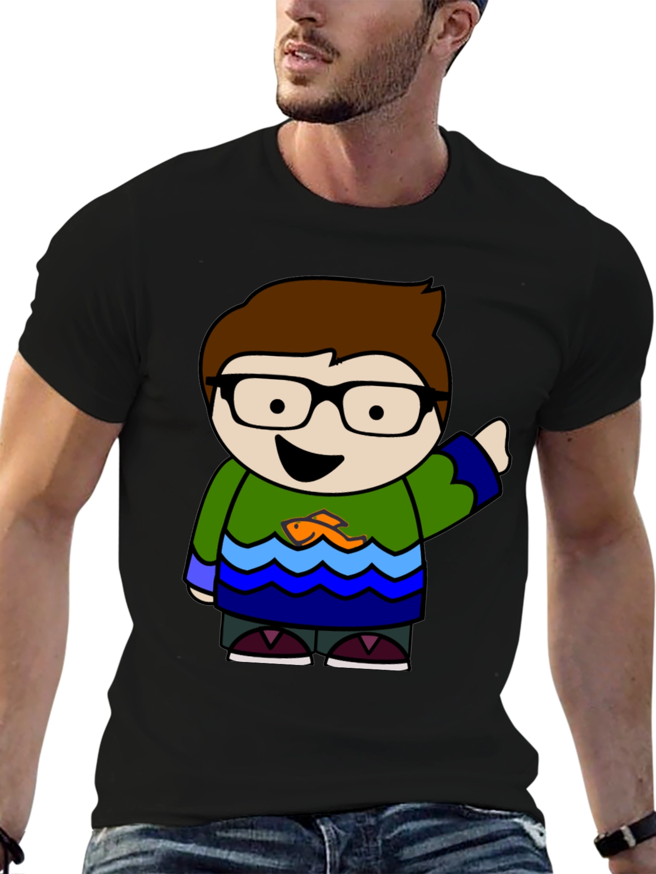 Camiseta Negra con Diseño Animado de Personaje Divertido