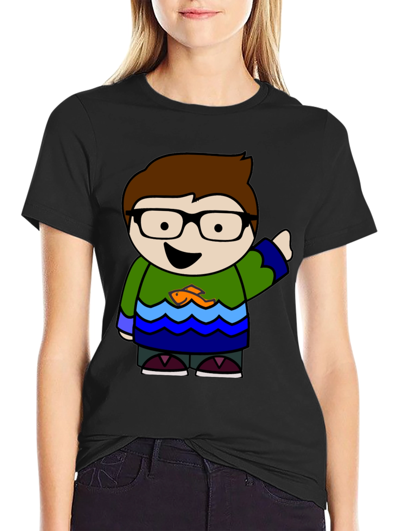 Camiseta Negra con Diseño Animado de Personaje Divertido