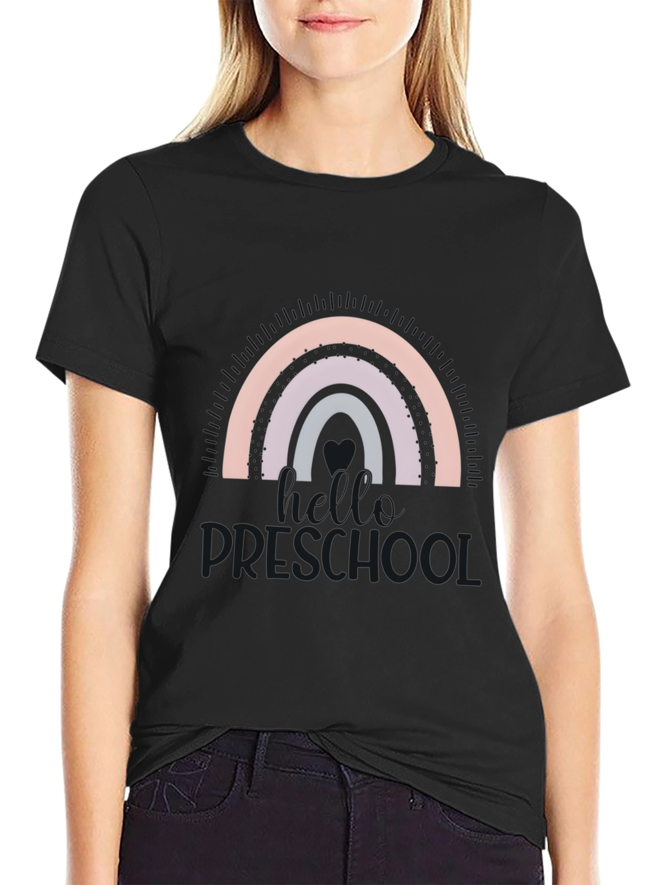 Camiseta Negra con Arcoíris para Profesora de Preescolar