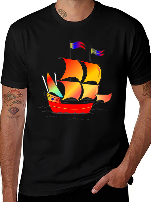 Camiseta Negra con Diseño de Barco Pirata Colorido