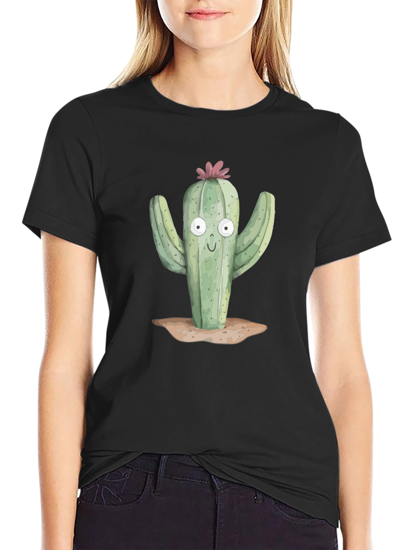 Camiseta Negra con Estampado de Cactus Divertido