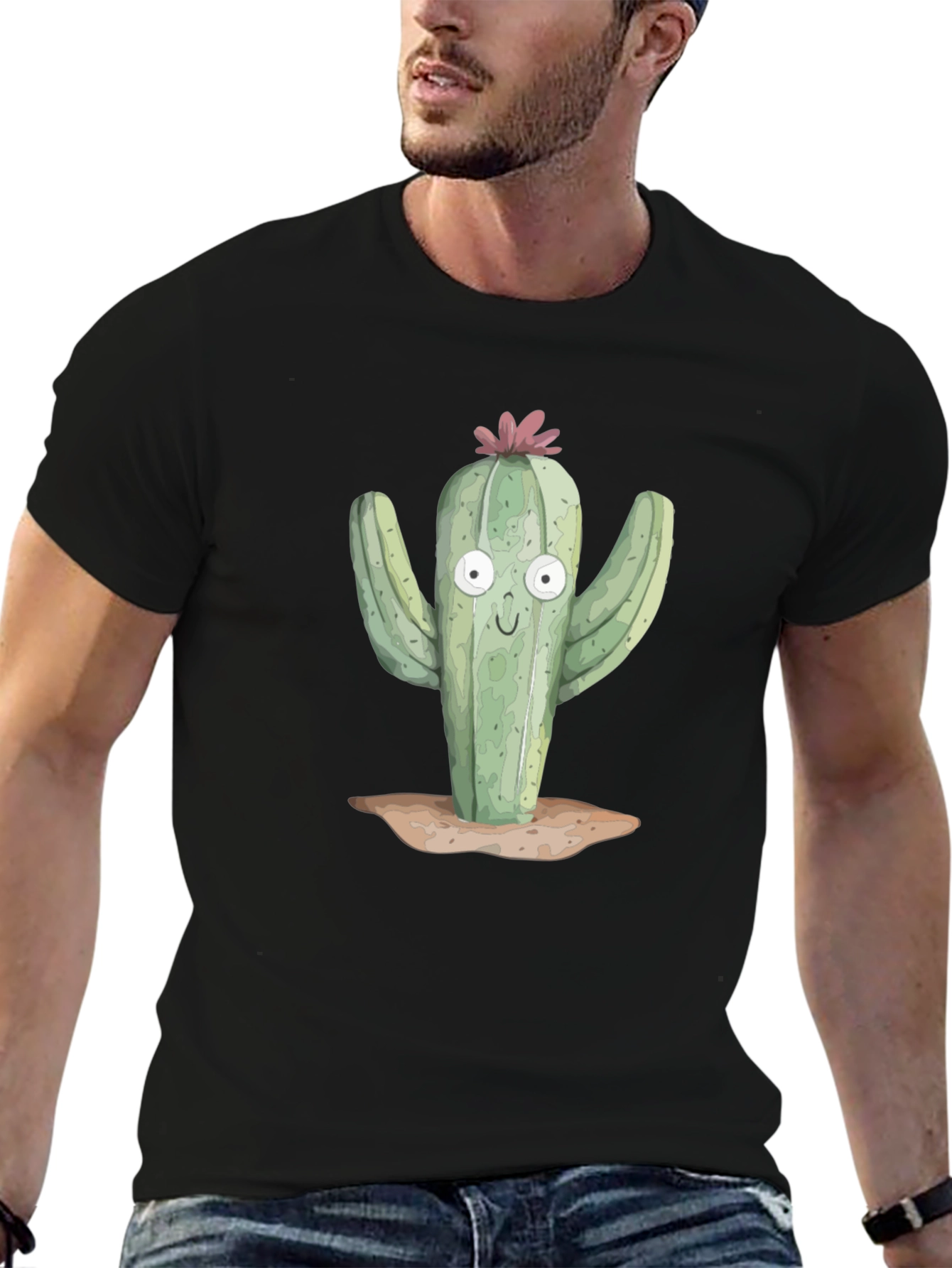 Camiseta Negra con Estampado de Cactus Divertido
