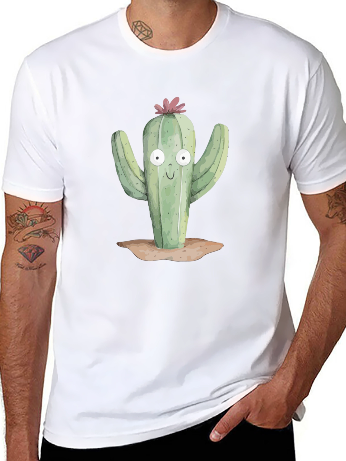Camiseta Negra con Estampado de Cactus Divertido