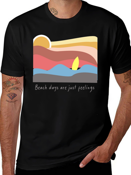 Camiseta Negra con Diseño de Playa al Atardecer