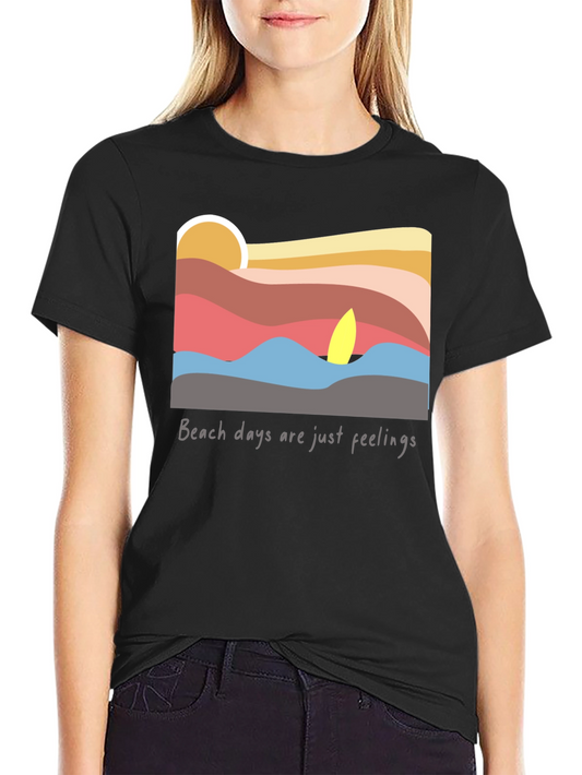 Camiseta Negra con Diseño de Playa al Atardecer