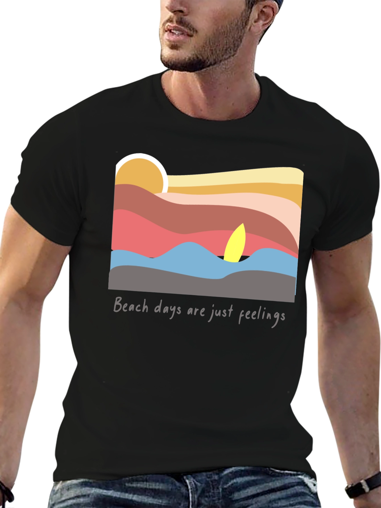Camiseta Negra con Diseño de Playa al Atardecer