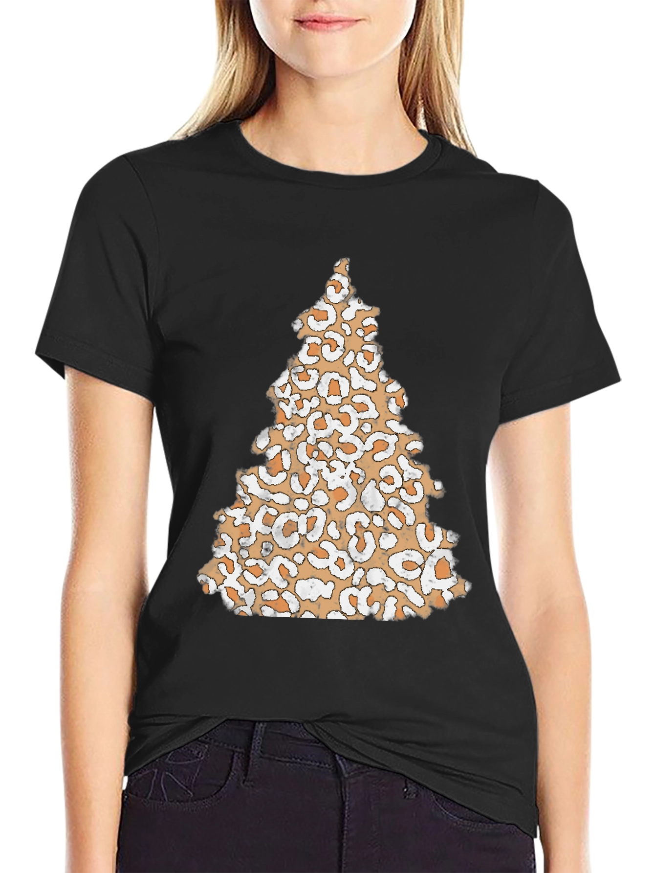 Camiseta Negra con Árbol Navideño de Leopardo