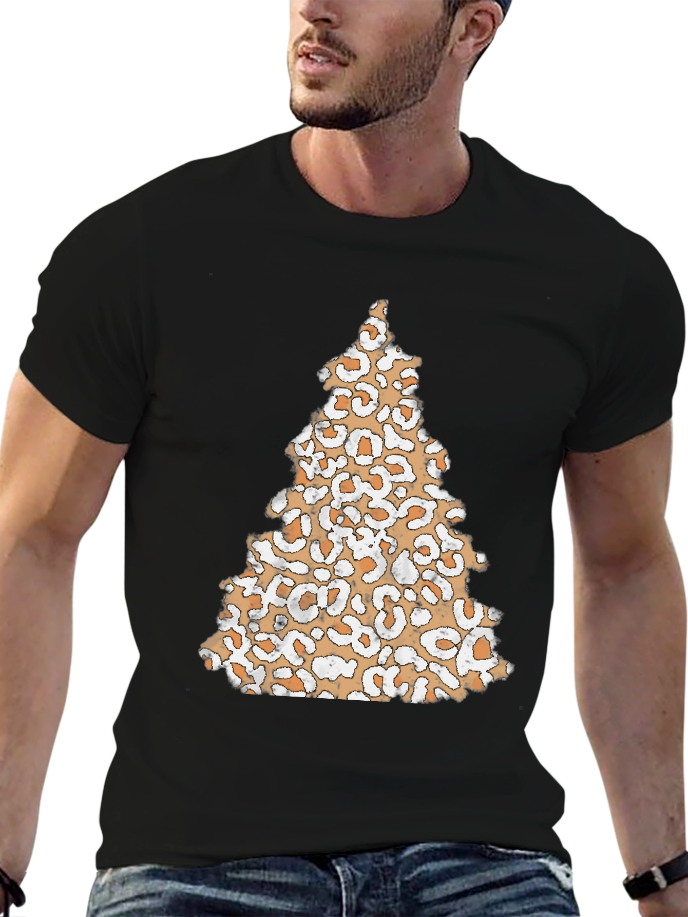 Camiseta Negra con Árbol Navideño de Leopardo
