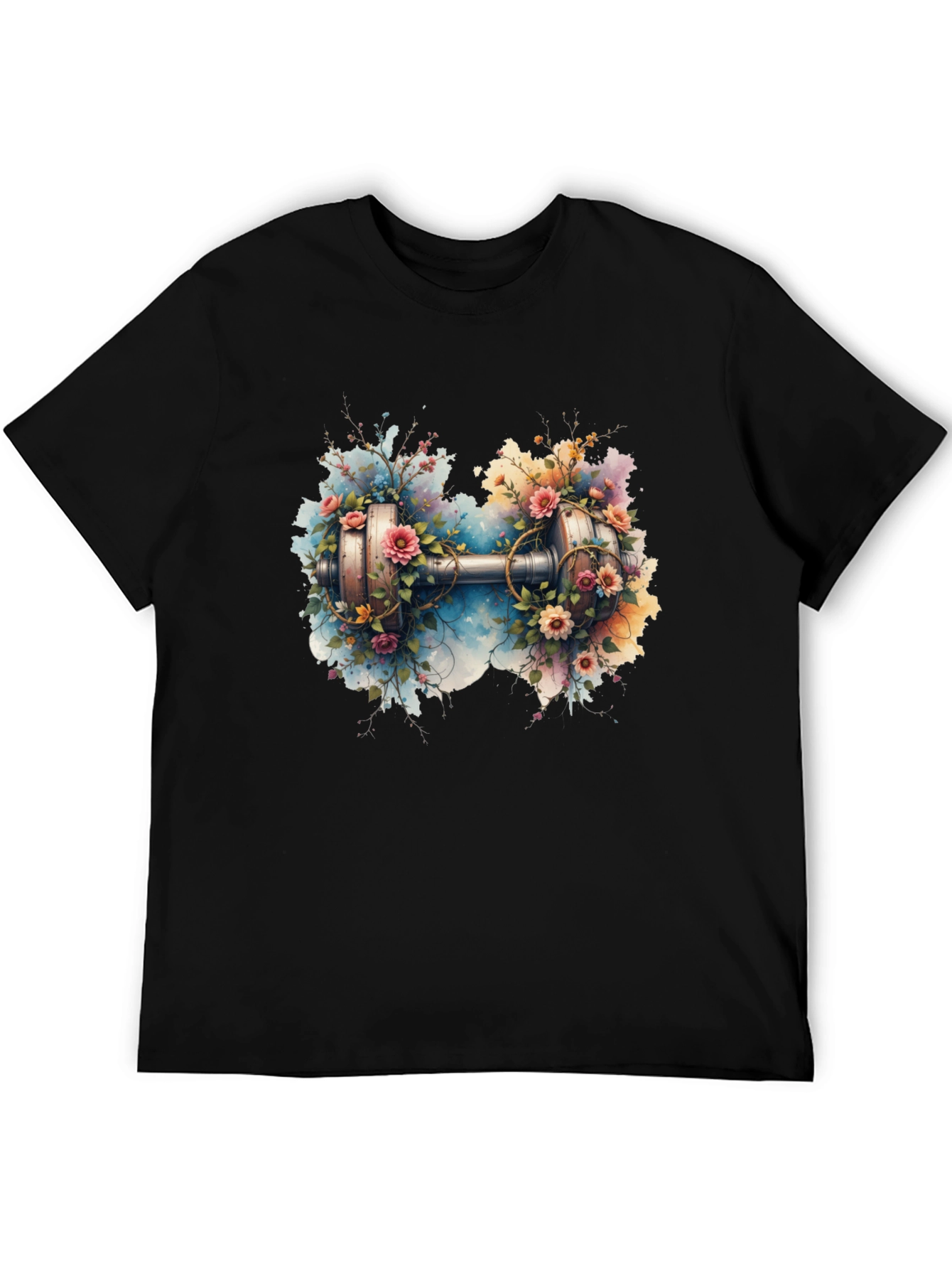Camiseta Negra con Diseño Floral y Pesa