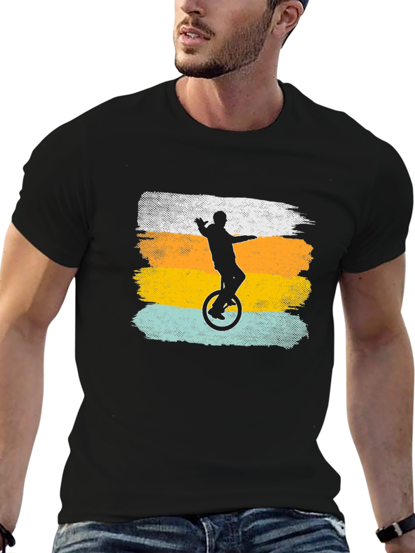 Camiseta Negra Hombre Silueta Uniciclo Retro