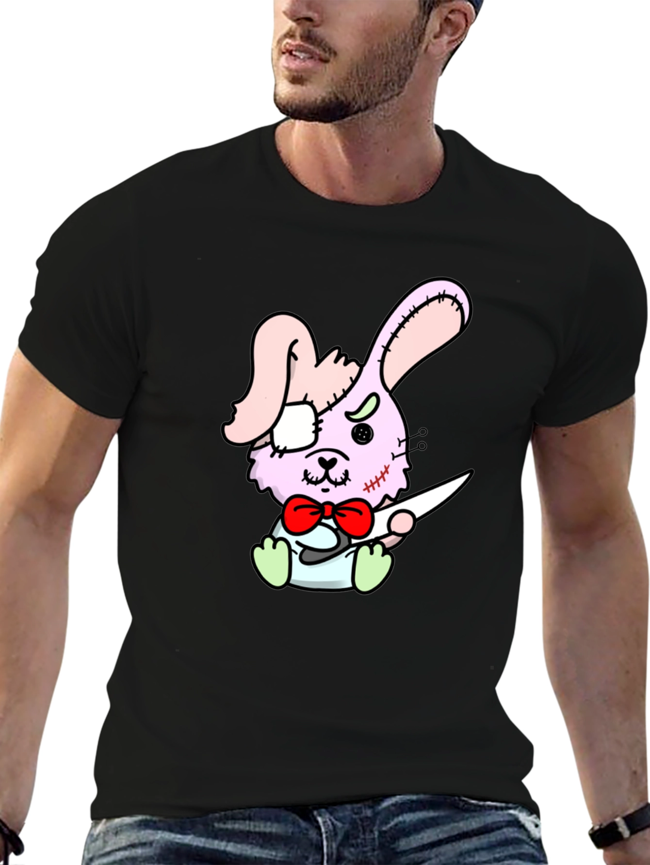 Camiseta Negra con Diseño de Conejo Cosido
