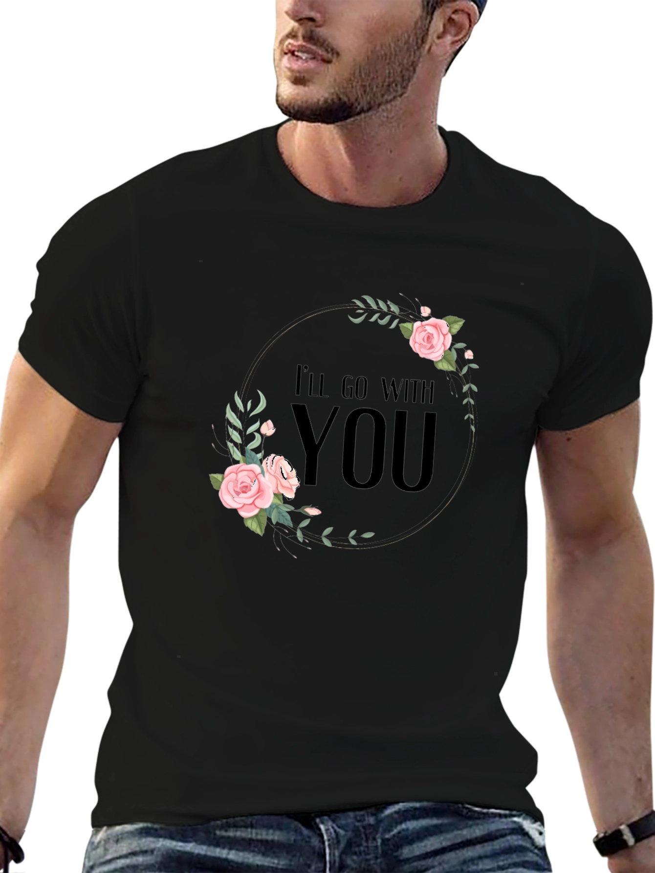 Camiseta Negra con Diseño Floral Romántico