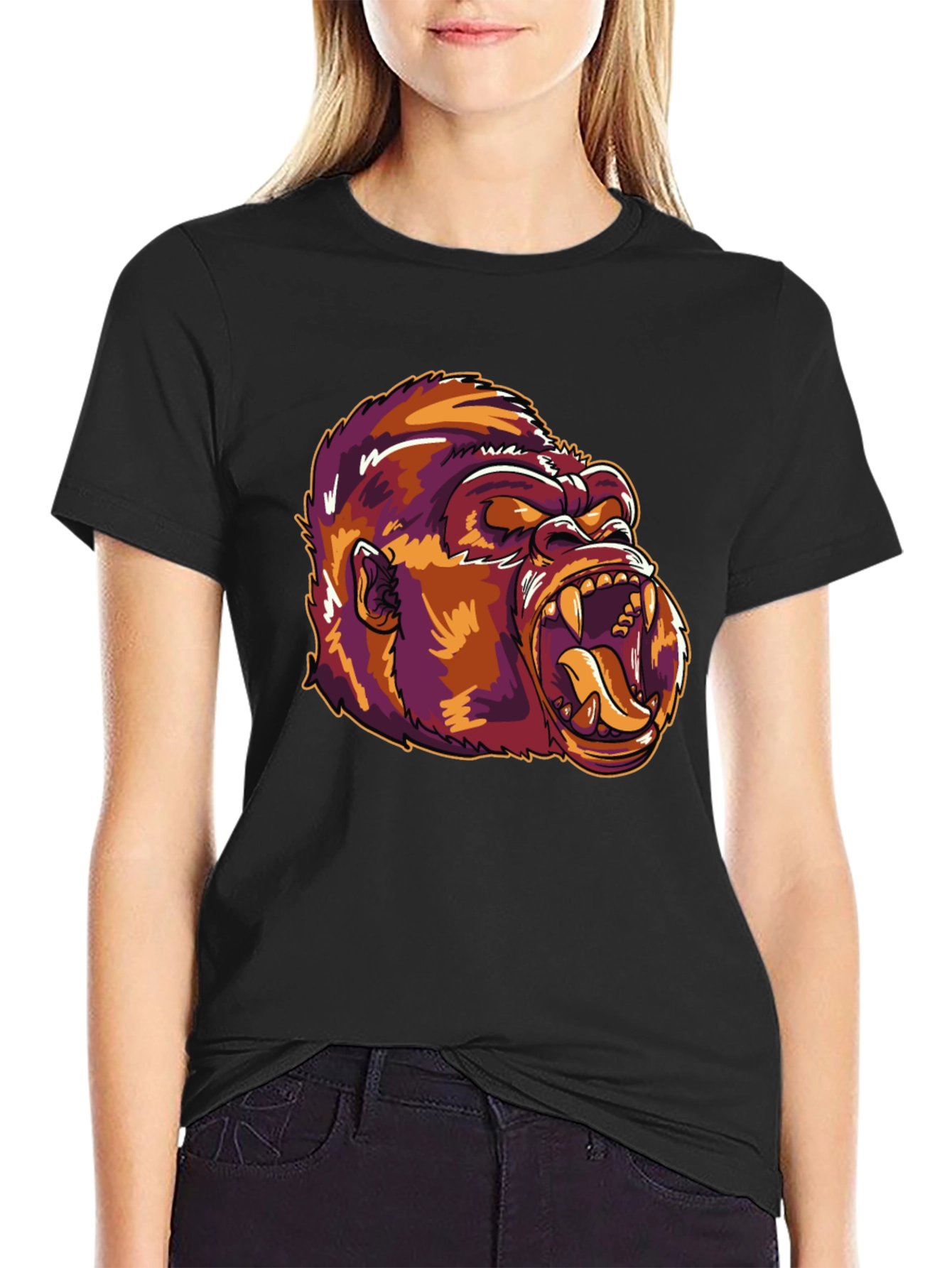 Camiseta Negra con Estampado de Gorila Feroz