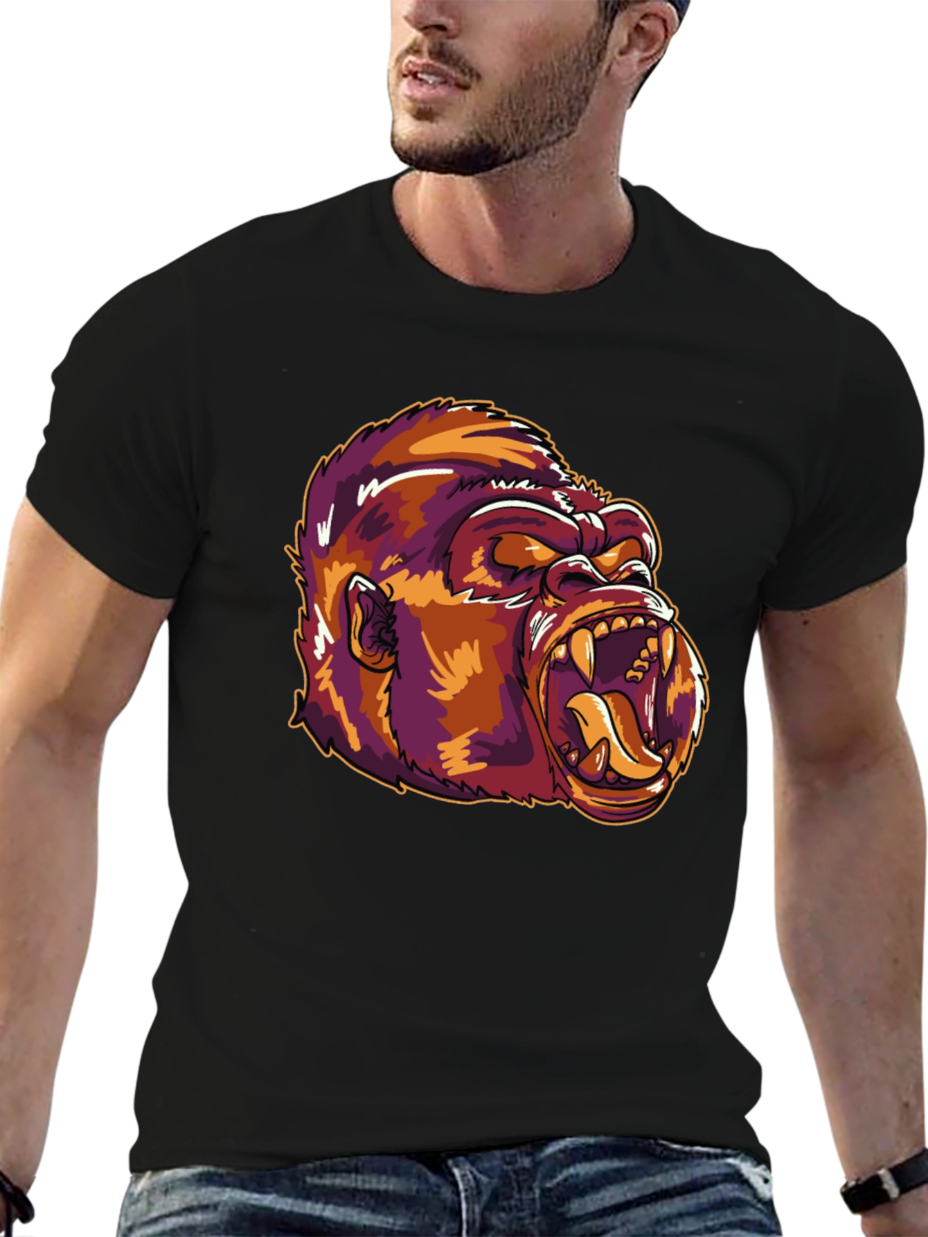Camiseta Negra con Estampado de Gorila Feroz