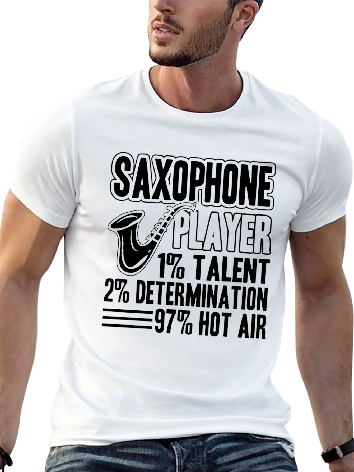 Camiseta Negra Humor Saxofón: Talento y Aire Caliente