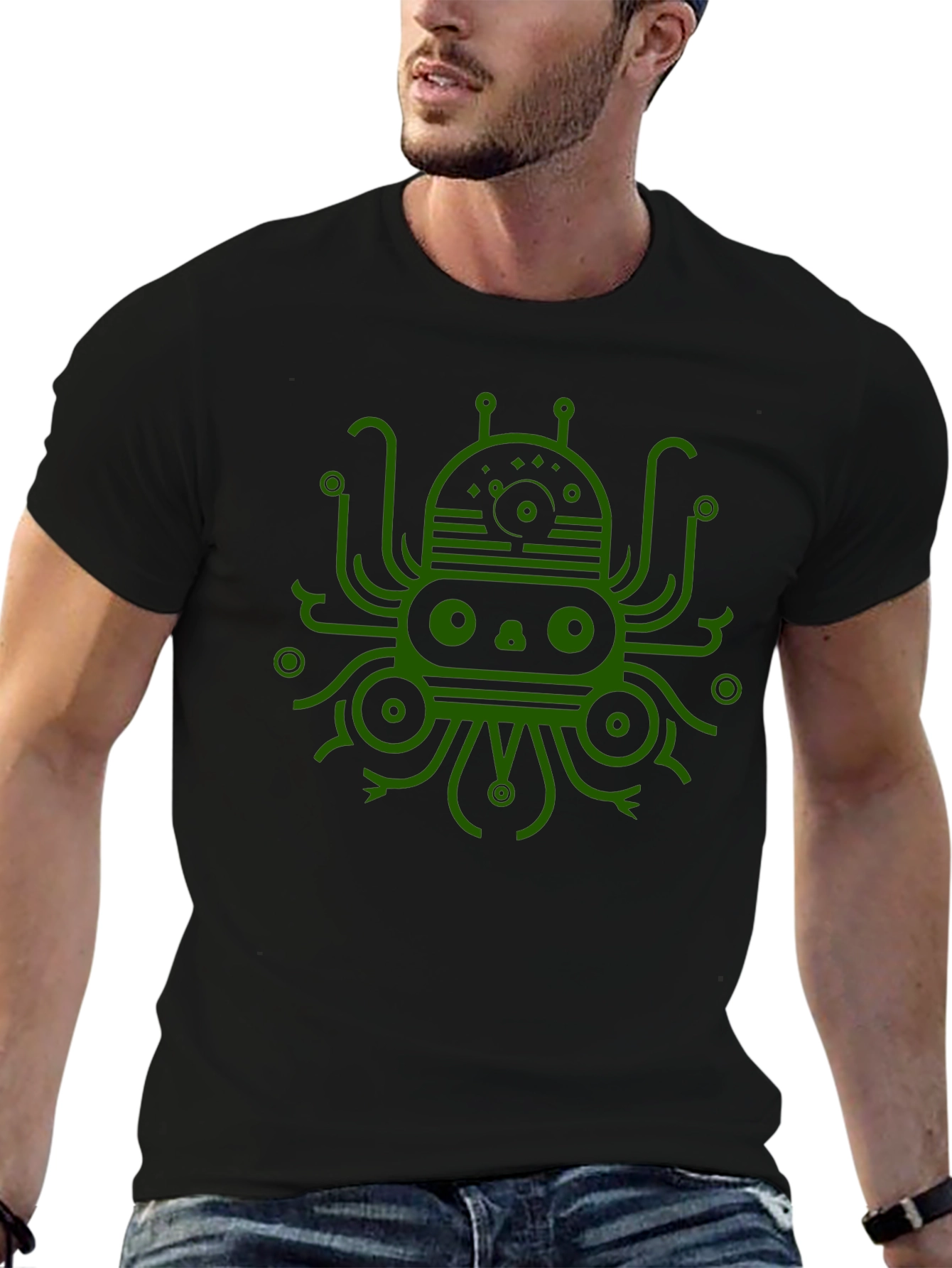 Camiseta Negra con Diseño Gráfico de Pulpo Alienígena
