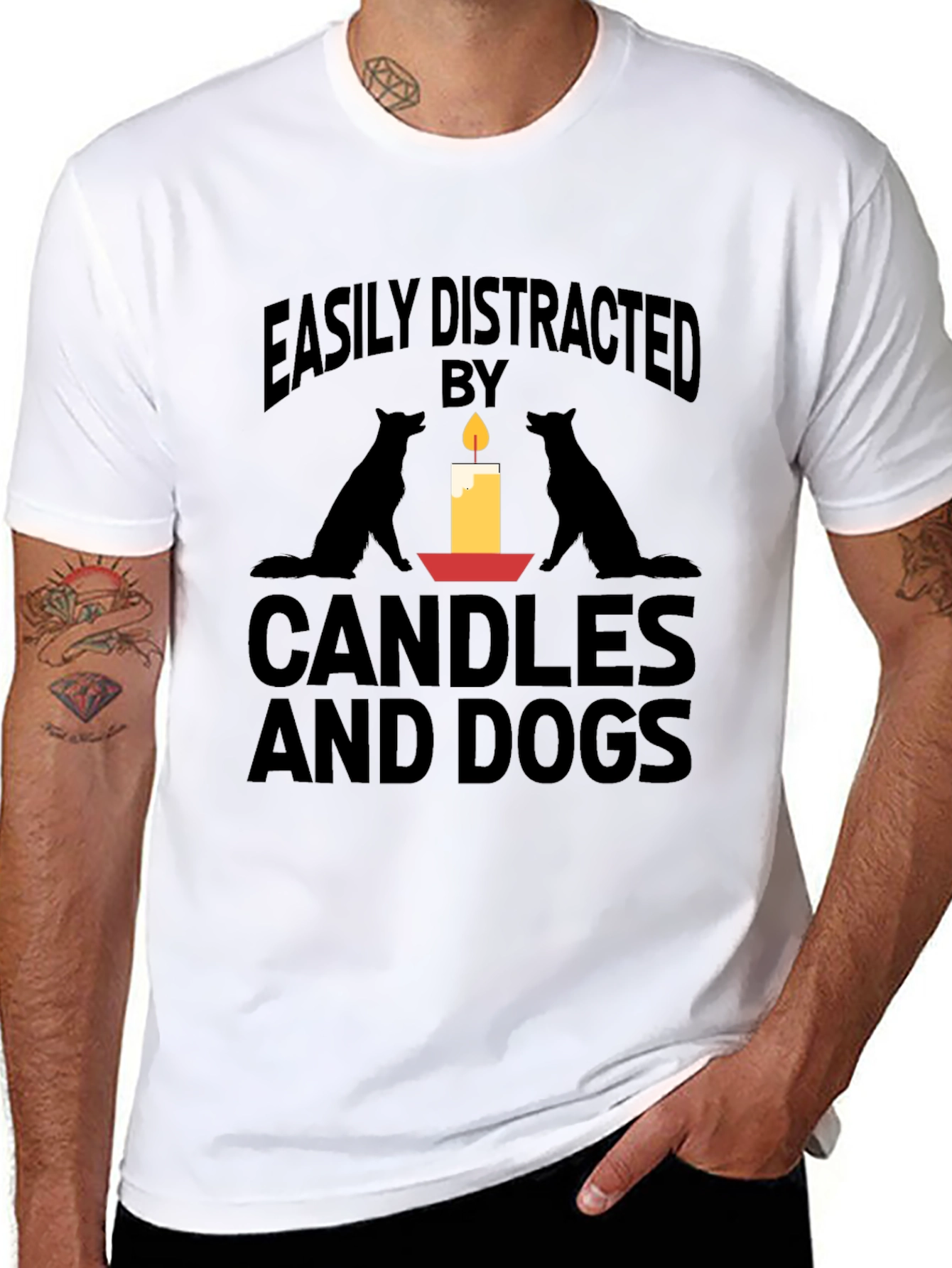 Camiseta Negra: Velas y Perros Distraen Fácilmente