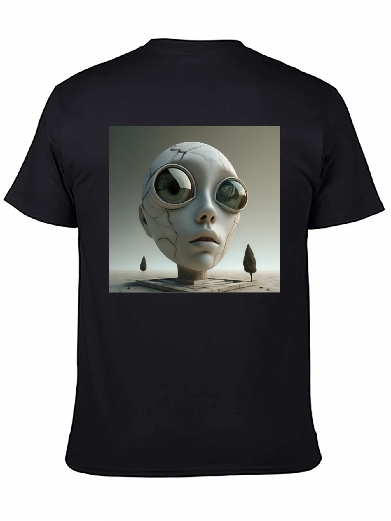 Camiseta Negra con Diseño Abstracto de Cabeza Alienígena