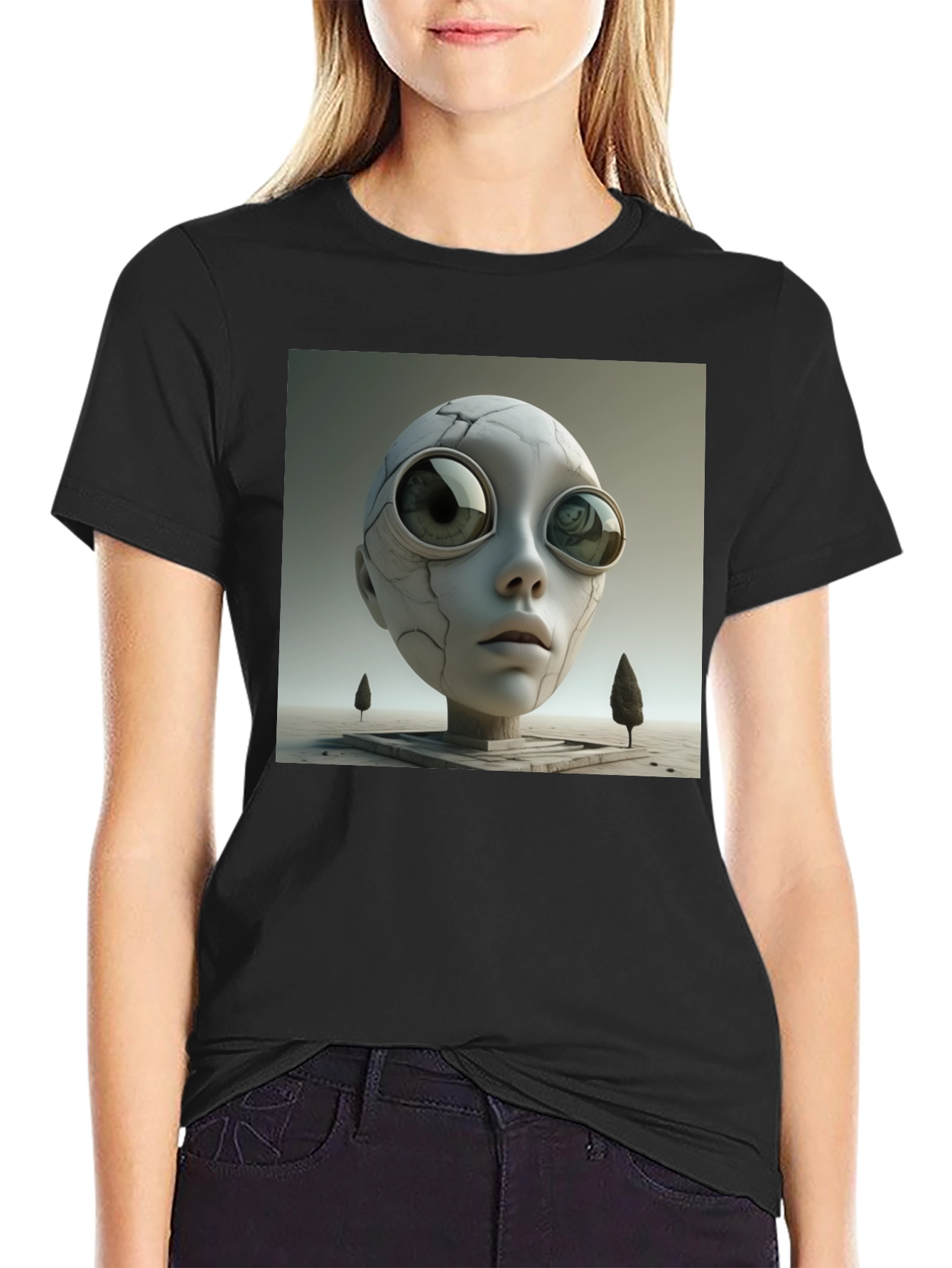 Camiseta Negra con Diseño Abstracto de Cabeza Alienígena